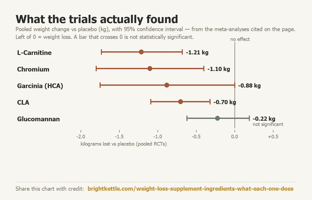 Forest plot of pooled weight change versus placebo in kilograms with 95% confidence intervals for five weight-loss supplement ingredients. L-Carnitine -1.21 kg, Chromium -1.10 kg, Garcinia -0.88 kg and CLA -0.70 kg are statistically significant but small; Glucomannan -0.22 kg is not statistically significant because its interval crosses zero.